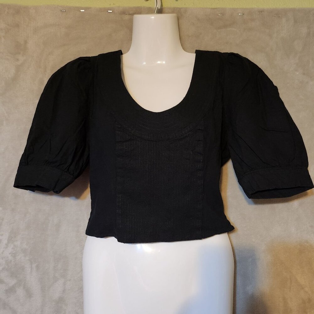 Anthropologie Black Puff Sleeve Scoop Neck & Ruche Detail Sz XXS Linen Top - Picture 4 of 9